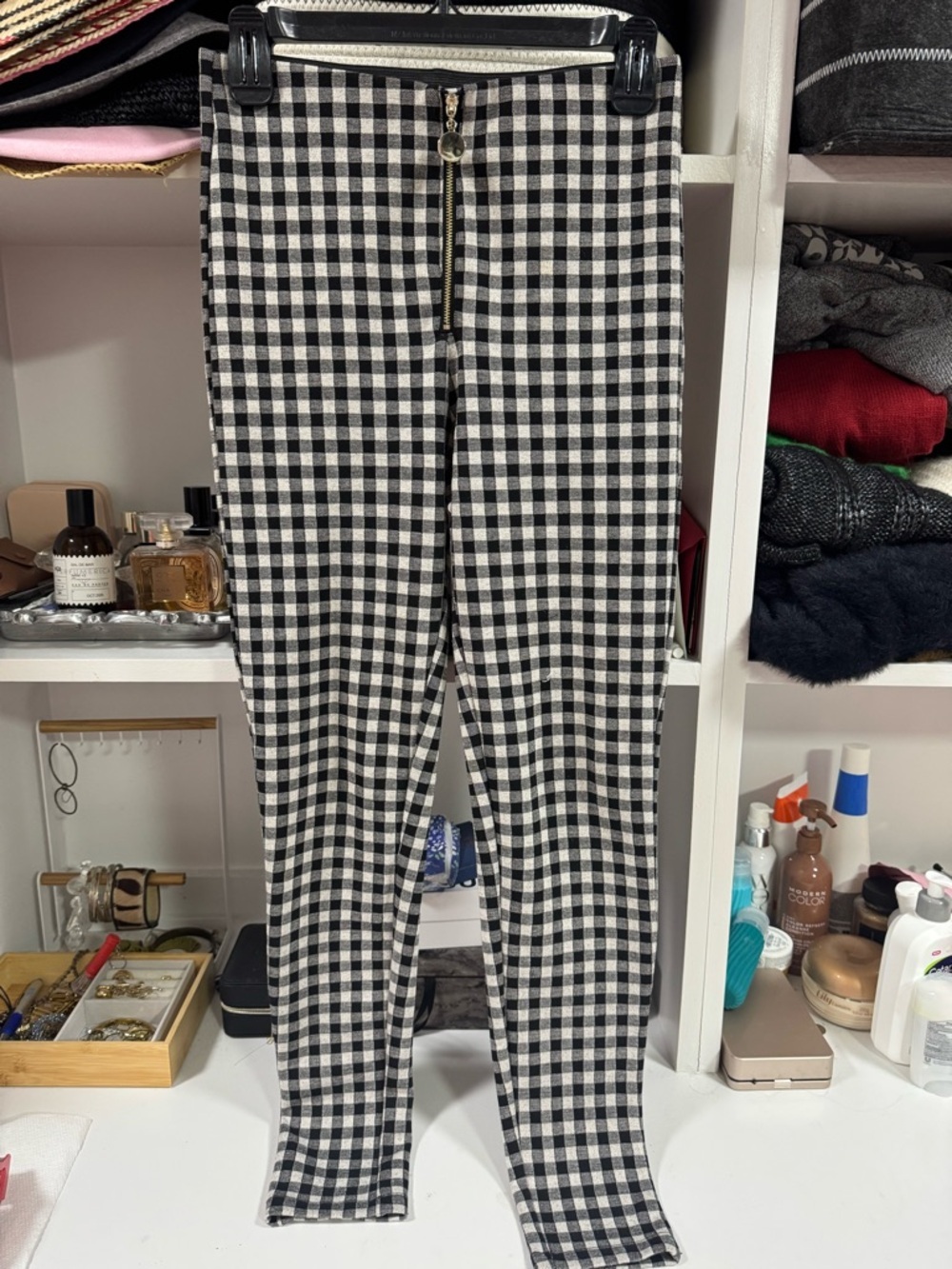 ZARA Black White Gingham Pants Medium Zip Front Slim Fit Chic - Picture 4 of 5